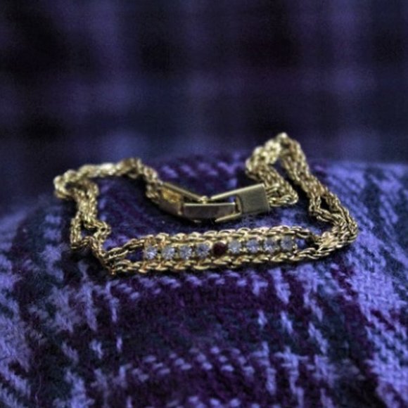 Jewelry - Vintage Red and White Rhinestone Gold-tone Tennis Bracelet